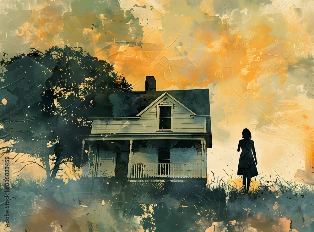 Wall mural A girl standing in front of a haunted house