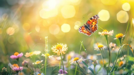 Butterfly in a Sunlit Flower Meadow