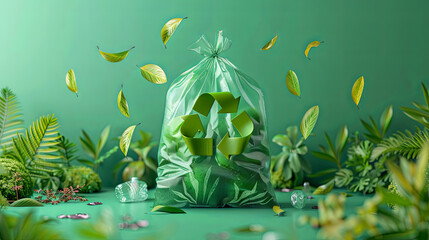 Reduce reuse recycle campaign banner with green plastic bag