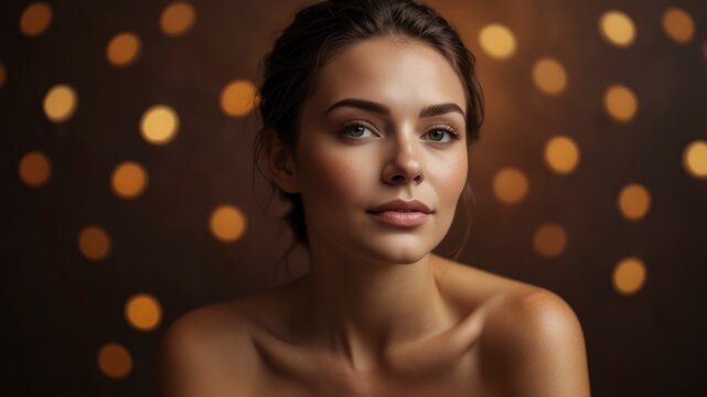 Woman radiates inherent beauty and pride against brown studio backdrop, advocating for makeup and skincare for wellness and organic facial glow