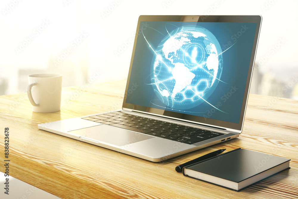 Aufkleber Social network media concept with world map on modern computer monitor. 3D Rendering