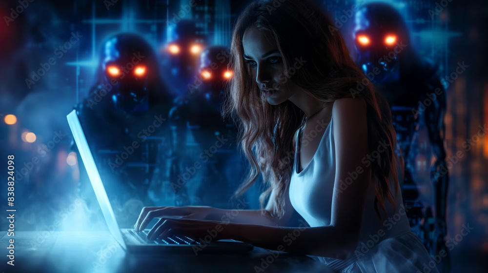 Poster a woman typing on a laptop in front of robots or hacker or ransome were , virus computer with glowin