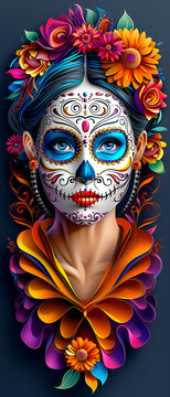 A woman with a flowery headdress and a skull on her face. The skull is surrounded by flowers and the woman has a red lip. The image is colorful and vibrant, with a mix of bright and dark colors