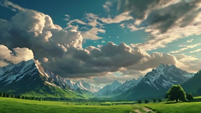 Natural scenery green meadow Marvel at the majesty of the mountains and the pristine beauty of the clouds in the sky. AI generative