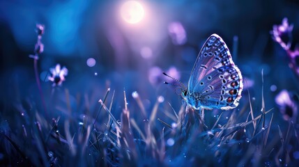  A close-up of a swallowtail butterfly resting on a patch of wildflowers, its colorful wings gently fluttering above the grass.
