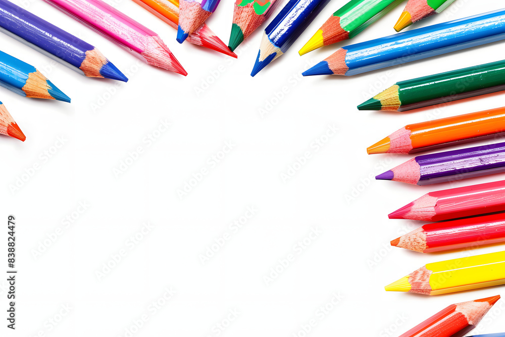 Aufkleber colored pencils set on a plain white background with space for text