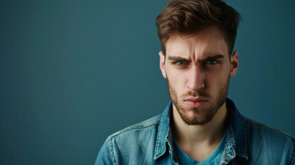 Obraz premium Portrait of an unhappy young man , blue color background banner with copy space