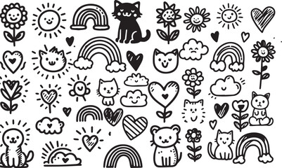 Cute kid scribble doodle icons set. Sun flower heart cat dog rainbow cloud smile elements sign and symbols in children drawing style. Hand drawn childish funny simple vector