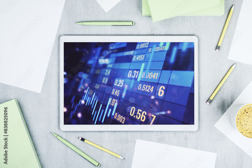 Aufkleber modern digital tablet display with abstract financial graph, financial and trading concept. top view