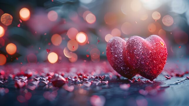 Two red hearts on a dark blue background with red heart-shaped confetti falling from the top of the image.