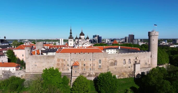 Aerial Boom Shot Reveals Toompea Castle (Pikk Hermann, Tall Hermann), Old Town in Background