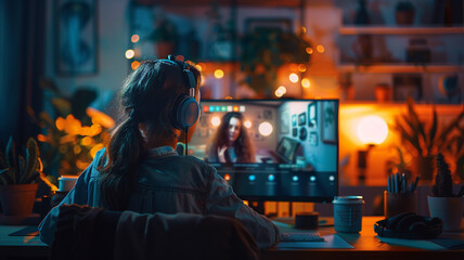 A woman is sitting at her desk at home, looking at her computer screen