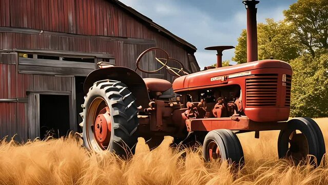 A tractor in front of a red barn on a farm