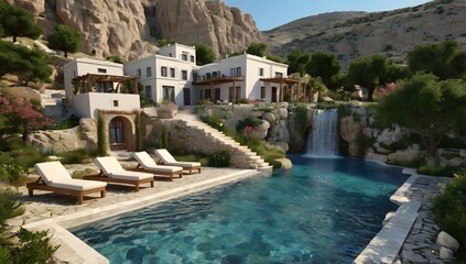 Fototapeta premium Greek style garden, beautiful, surrounded by waterfalls, paradise, greek architecture, pools, open space, natural