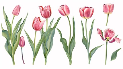 Obraz premium Collection of boughs of spring tulip blooms on a white background.