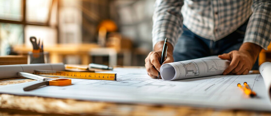 An architect working on blueprints for a building