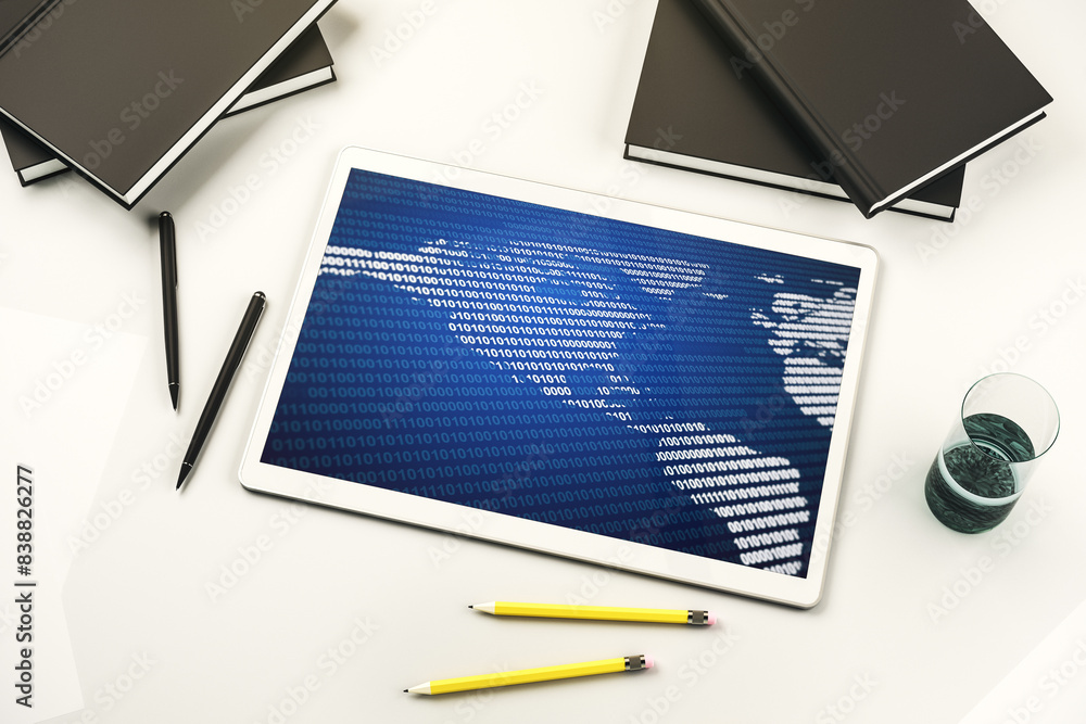 Poster top view of modern digital tablet monitor with america map, research and strategy concept. 3d render