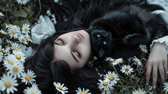 A woman laying in a field of daisies with a black cat