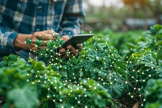 Innovative farmer using a mobile device and technology to manage and produce high-quality agricultural products.