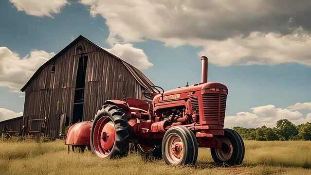 A tractor in front of a red barn on a farm