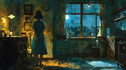 Woman in a Room Looking Out the Window