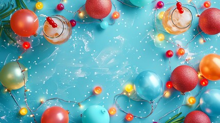 Christmas in July party invitation with beach balls, holiday lights, and festive cocktails.