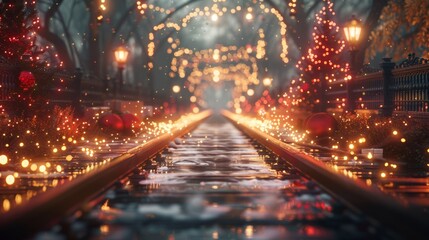 Holidaythemed platform surrounded by twinkling Christmas lights