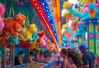 A vibrant shot of a carnival game booth, with colorful stuffed animals hanging as prizes and a lively crowd trying their luck. Perfect for recreational and festive imagery.