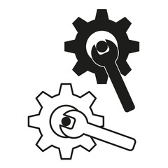 Vector gears with wrenches in black and white. Settings and maintenance icons.