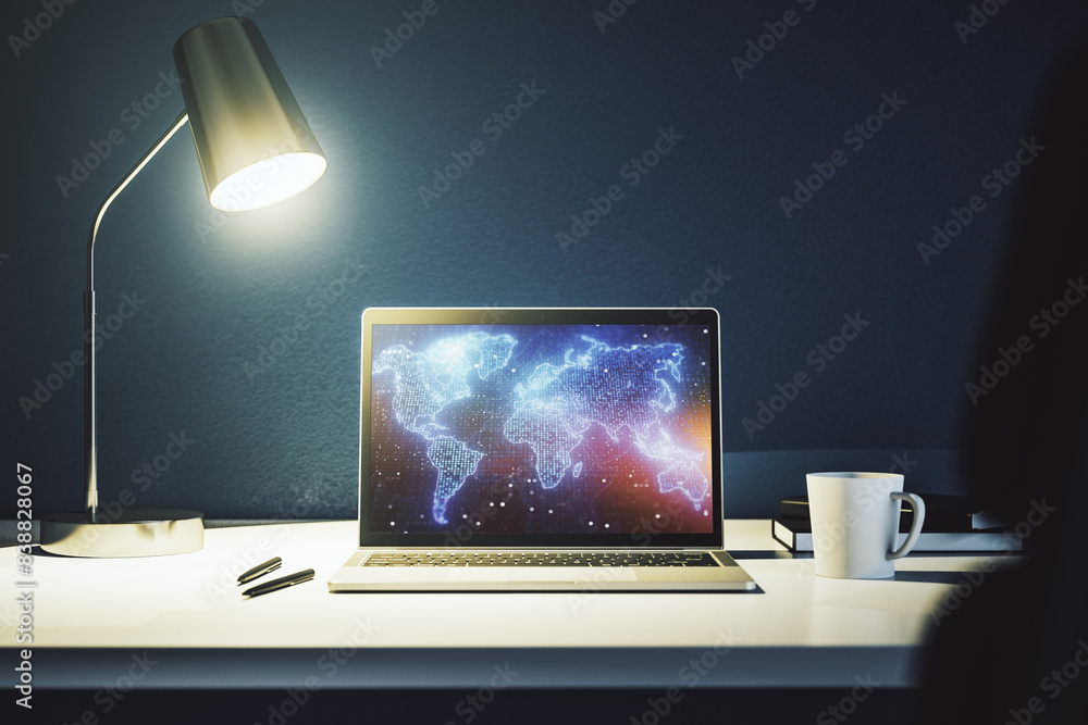 Poster abstract creative digital world map on modern laptop monitor, tourism and traveling concept. 3d rend