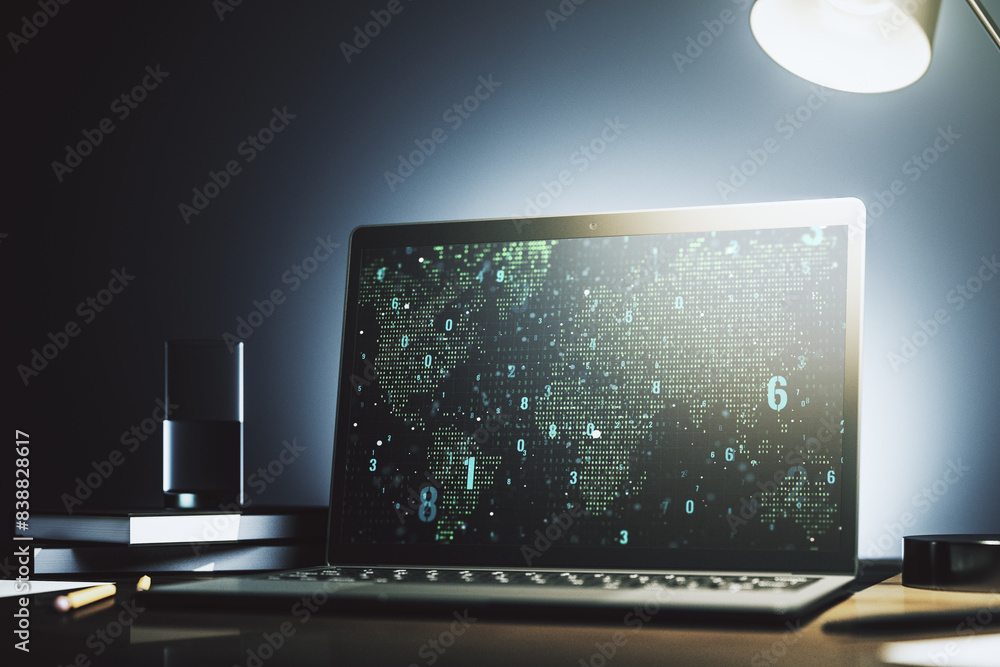Poster Modern computer screen with abstract creative coding sketch and world map, artificial intelligence and neural networks concept. 3D Rendering
