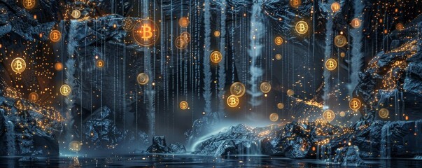 A digital waterfall of Bitcoin symbols cascading over a dark, rocky landscape at night