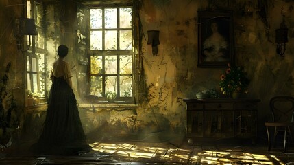 Fototapeta premium woman in historical clothing standing by window in ruined room