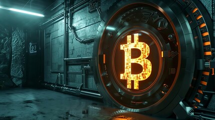 Fototapeta premium A futuristic vault with a glowing Bitcoin symbol on the door and a shadowy, hightech background