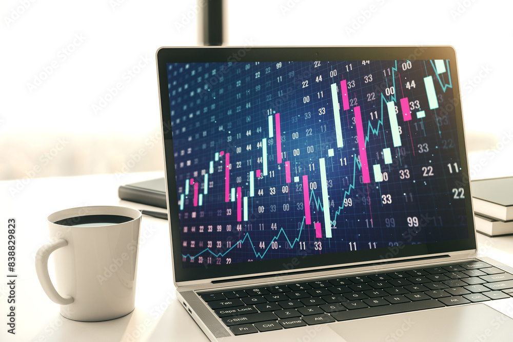 Poster Modern computer screen with abstract financial diagram, banking and accounting concept. 3D Rendering