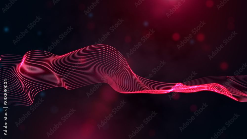 Poster abstract elegant red shiny flowing turbulence wavy lines with lens flares, and flying blurry hazy gl