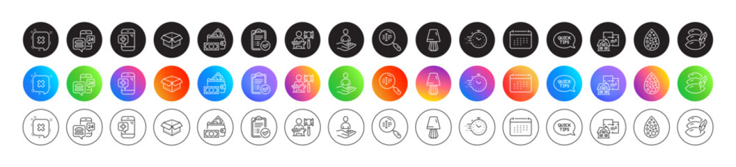 Calendar, Timer and Search text line icons. Round icon gradient buttons. Pack of Quickstart guide, Recruitment, Artificial colors icon. Floor plan, Money wallet, Approved report pictogram. Vector