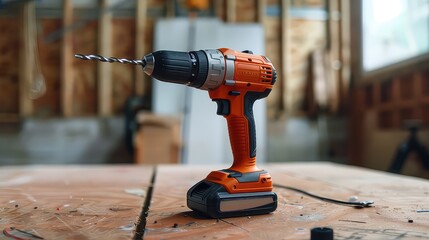 Cordless power drill placed on a wooden surface generated with AI
