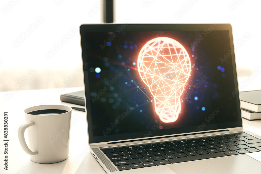 Poster creative light bulb illustration on modern computer monitor, future technology concept. 3d rendering