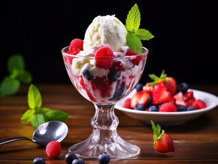 Ice Cream Sundae with Fresh Berries and Mint on Wooden Table