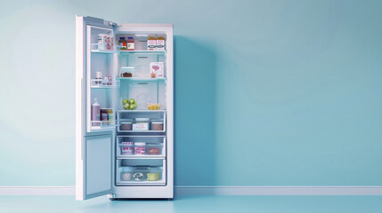 An open refrigerator in a room with pale blue walls reveals a well-organized interior stocked with various food items, ready for use