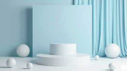 A minimalist scene featuring blue and white geometric shapes and spheres with draped fabric, creating a clean, modern aesthetic. Minimalist Blue and White Geometric Display

