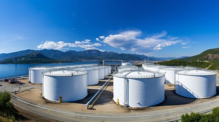 Aerial view oil terminal storage tank, White oil tank storage chemical petroleum petrochemical refinery product at oil terminal, Business commercial trade fuel energy transport by tanker ship vessel
