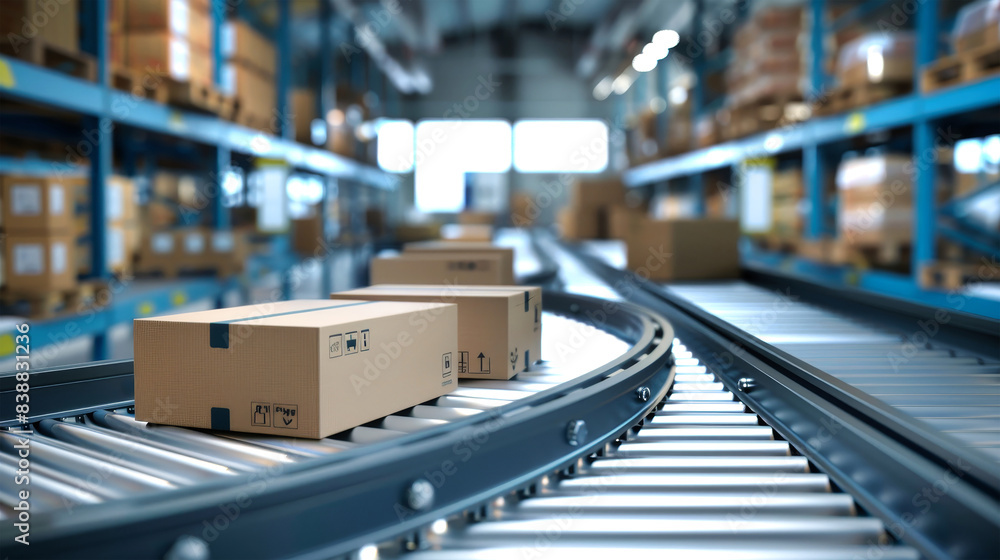 Poster boxes are being transported on a conveyor belt in a busy warehouse setting