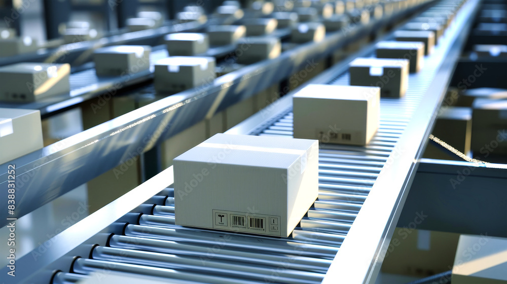 Poster a conveyor belt in motion carrying various boxes for sorting in a warehouse setting