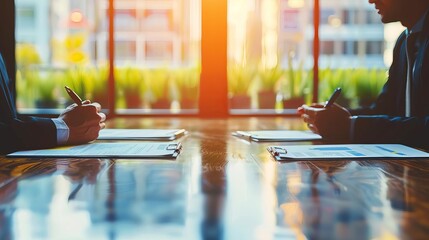 Business contract negotiation with legal advice close up, focus on, copy space, vibrant colors, Double exposure silhouette with negotiation points