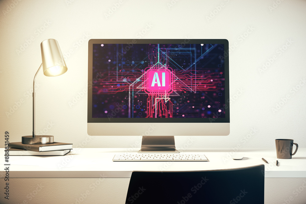 Poster Creative artificial Intelligence symbol concept on modern computer monitor. 3D Rendering