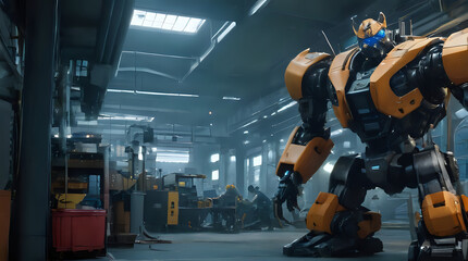 a in a factory with a large robot standing in front of it