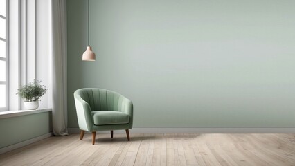Interior home of living room with pastel green armchair on green wall copy space mock up, Scandinavian style