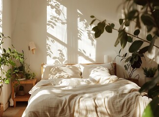 White wooden bed with beige linen, surrounded by various plants in the room